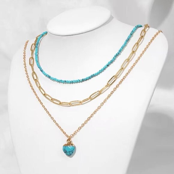 NWT Layered Heart Pendant Necklace Set 3PCs 14K Gold Plated Turquoise Boho - Picture 2 of 9